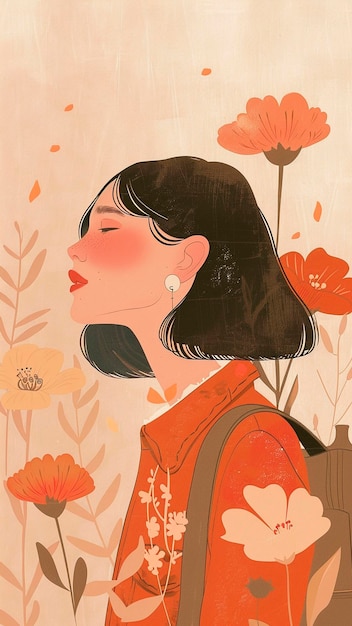 Collage of an Asian woman with flowers around and peachy tones