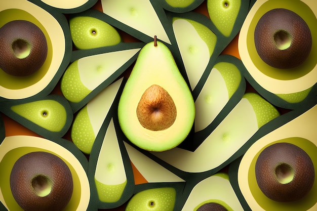 A collage of avocados and other fruit including one that has a green circle on it.