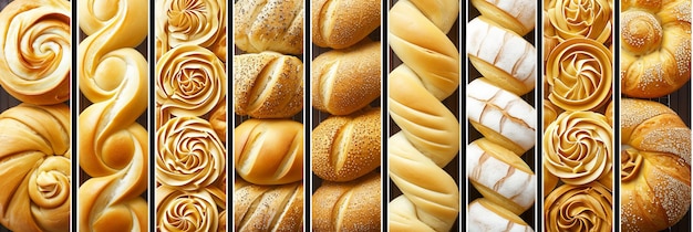 Collage of bakery products with white vertical lines dividing the segments in a bright white style