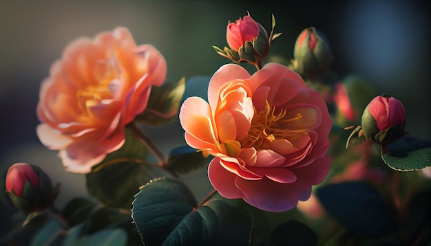 Collage of beautiful roses in different shades of pink and blue on a dark backgroundgenerative ai