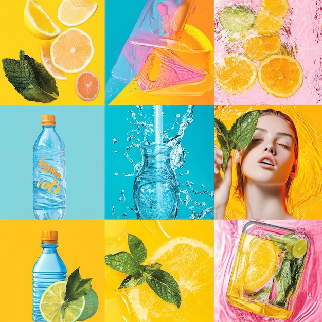 Photo collage of beautiful young woman with closed eyes holding bottle of water isolated on colorful