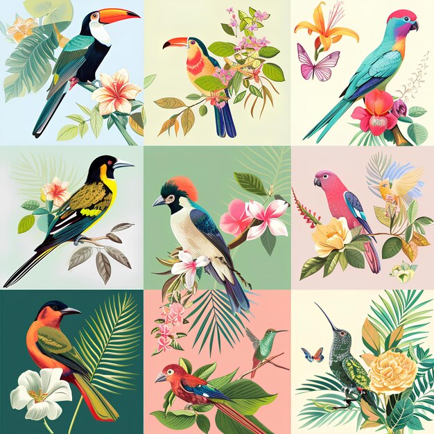 a collage of birds and flowers including parrots and flowers