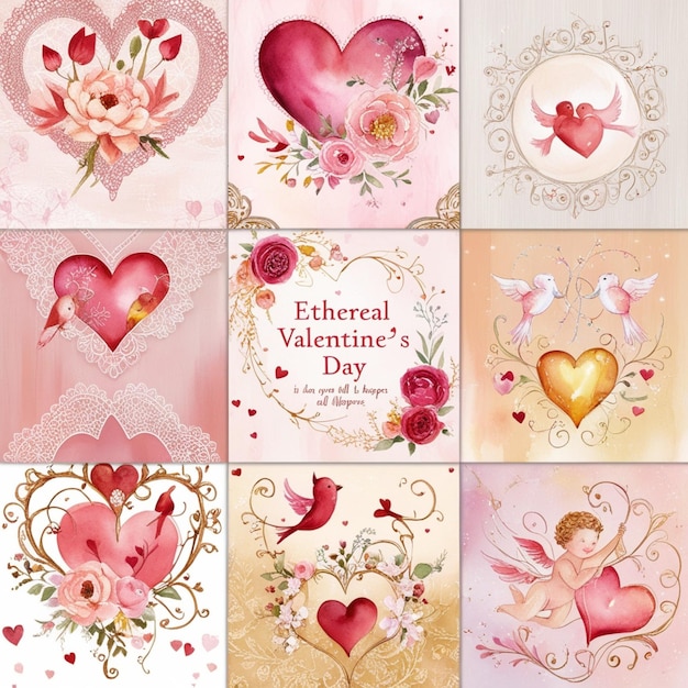 Photo a collage of cards with hearts and flowers on them