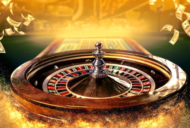 Collage of casino images with a closeup vibrant image of multicolored casino roulette table with pok...