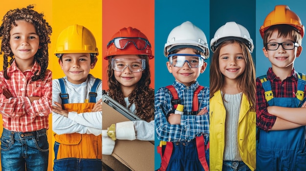 A collage of children in work attire representing diverse careers from science lab to construction site