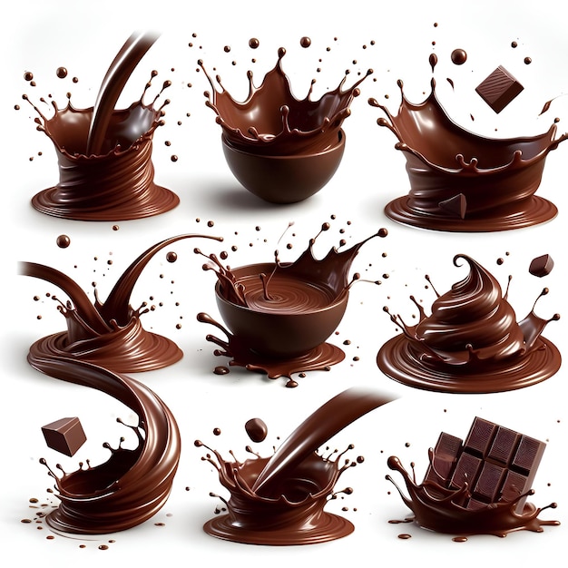 a collage of chocolates with chocolate splash set