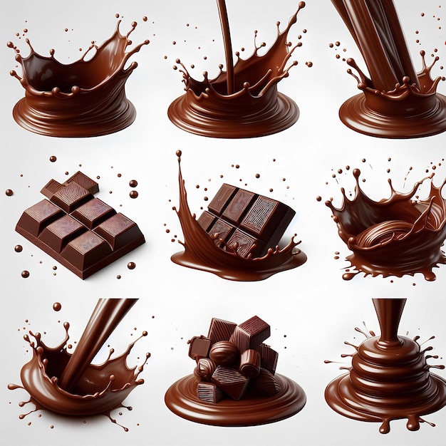 a collage of chocolates with chocolate splash