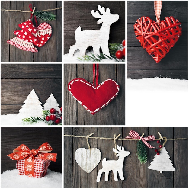 Collage of christmas photos over wooden background