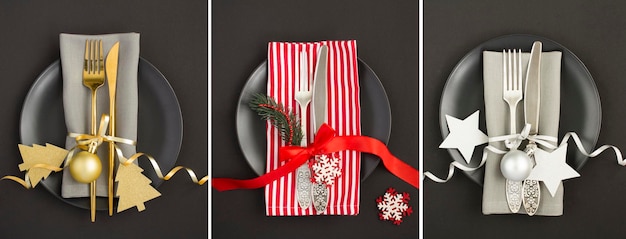 Collage of Christmas of table setting on the black plate on the black background Top view