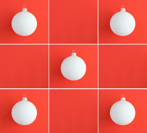 Collage of Christmas white ball on the red background Top view Copy space Flat lay