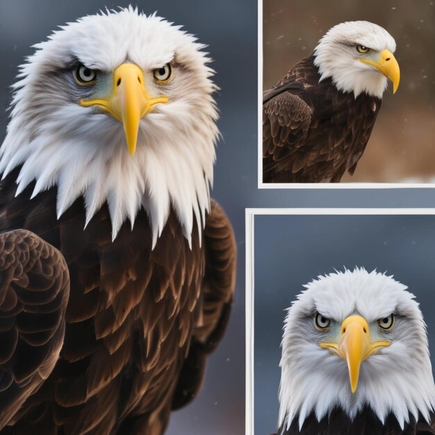 Photo collage of a close up of a bald eagle with a flurry