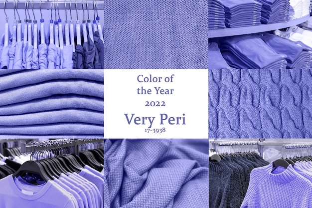 Collage of clothing texture in trending color of the year 2022 Very Peri.