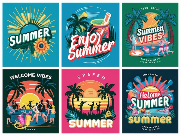 a collage of colorful posters including palm trees palm trees and the sun