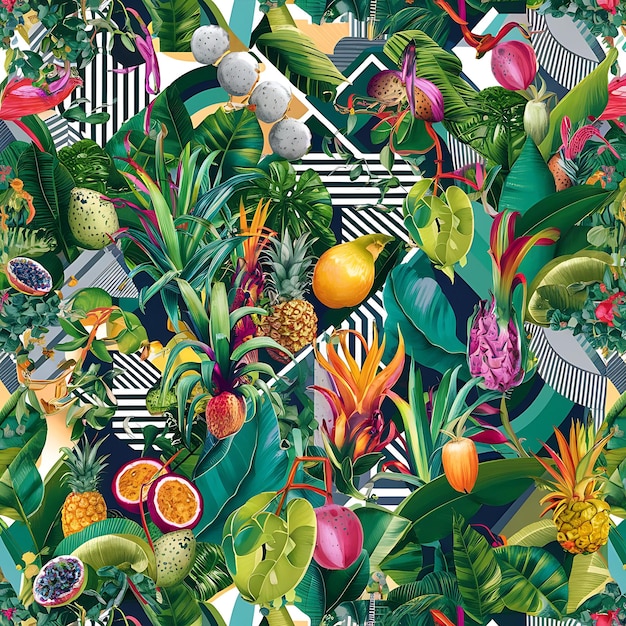 Photo collage contemporary floral seamless pattern jungle fruits and plants illustration wallpaper