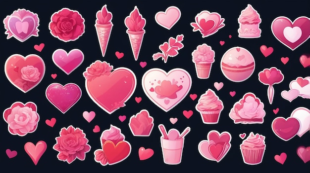 Photo a collage of different cakes and hearts with a pink background