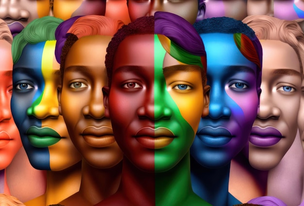 A collage of different colored faces with one of them painted in different colors.