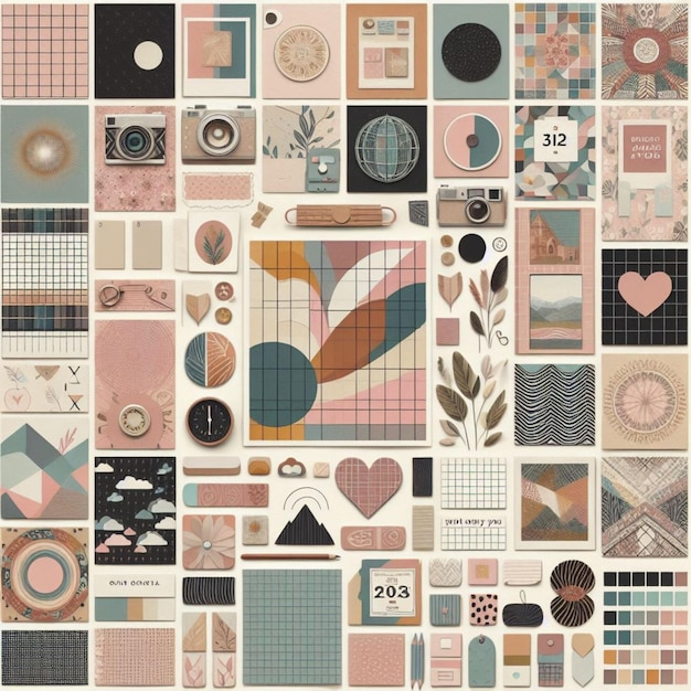 a collage of different designs including a pink and white heart