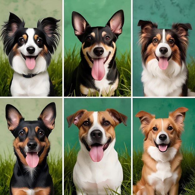 Photo collage of different dogs breeds and size looking happy at the camera