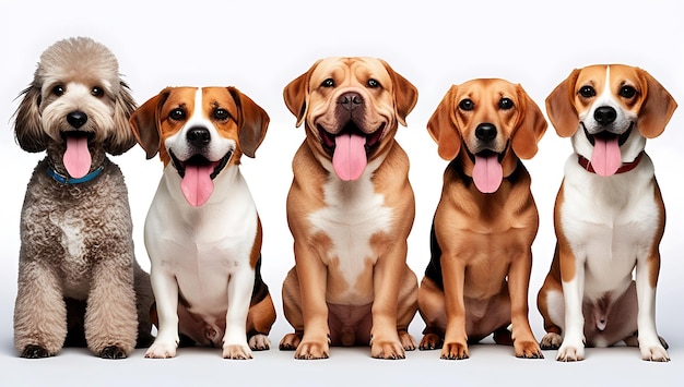 Photo collage of different dogs breeds and size looking happy at the camera