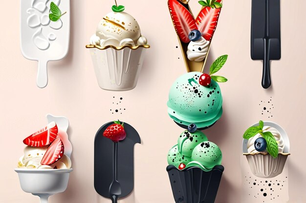 Photo a collage of different ice creams and a cupcake with a spoon