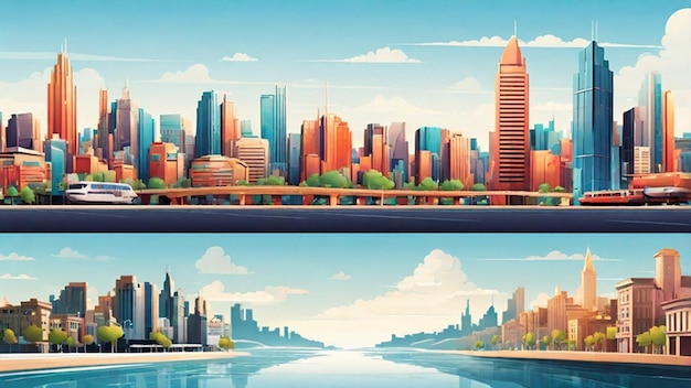 a collage of different images of a city with a river and a cityscape in the background