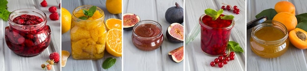 Collage of different jam in the glass jar on the gray wooden background Closeup