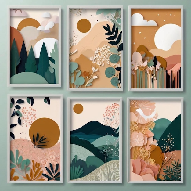 a collage of different paintings including a sun and trees