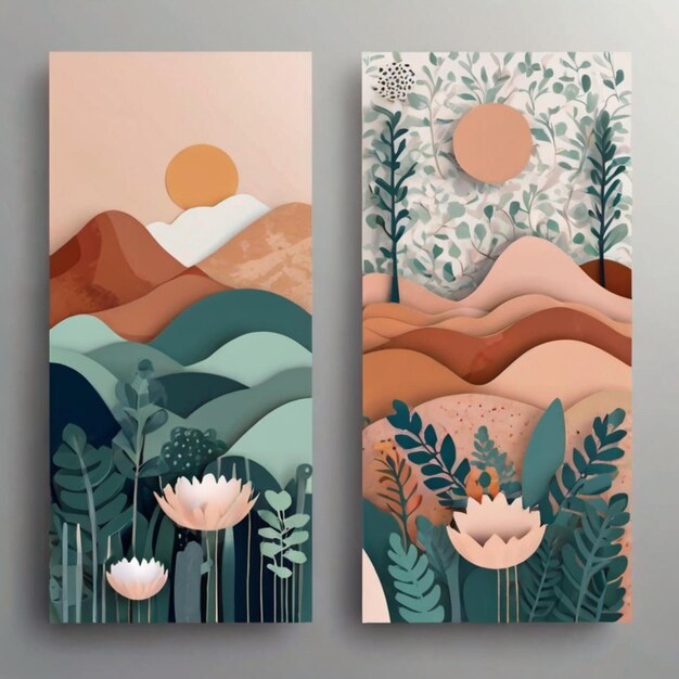 a collage of different paintings including a sun and trees