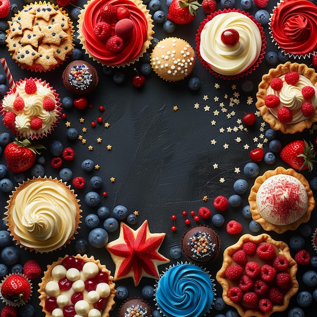 a collage of different types of desserts including blueberries and raspberries