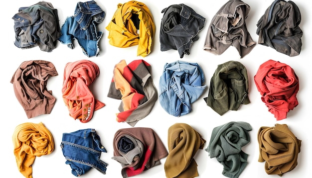 Collage of dirty clothes on white background