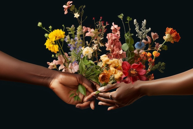 Collage of diverse hands holding flowers Generative ai