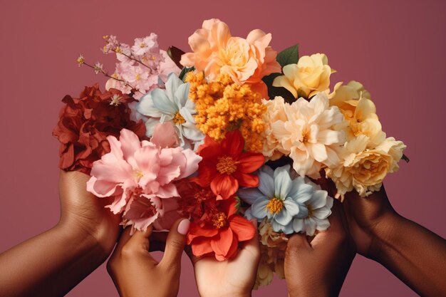 Collage of diverse hands holding flowers Generative ai