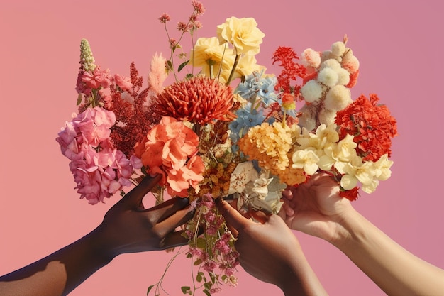 Photo collage of diverse hands holding flowers generative ai