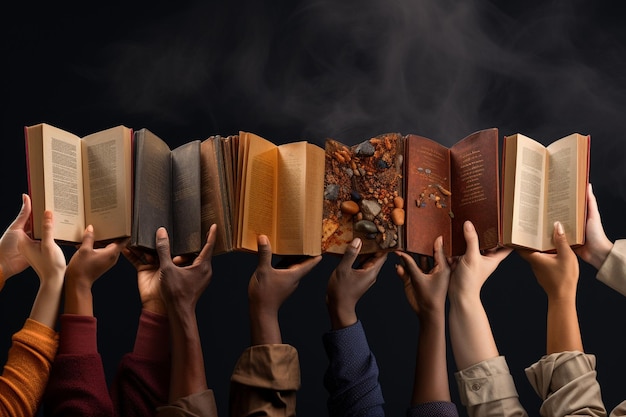 Collage of diverse hands holding open books Generative ai