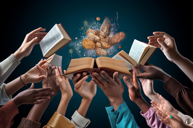 Collage of diverse hands holding open books Generative ai