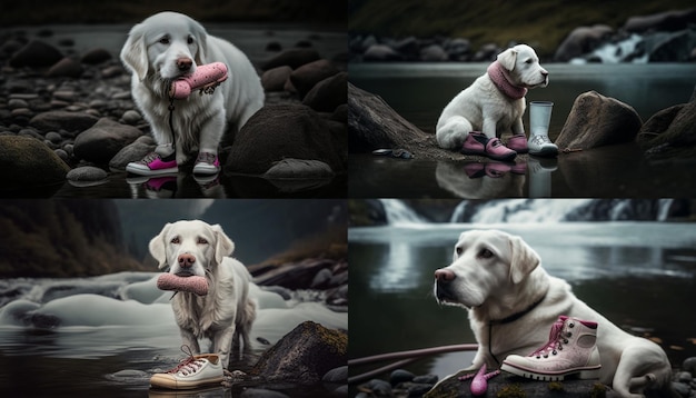 A collage of dogs with a shoe in the background