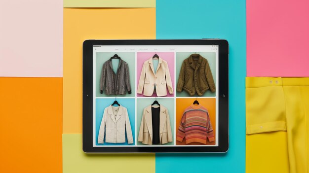 Photo collage of fashionable clothing items displayed on a tablet screen concept of online shopping e commerce wardrobe and style trends