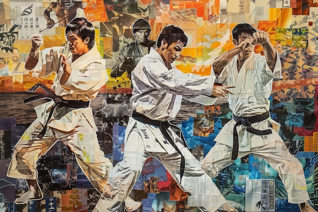 Collage featuring two men in karate stances showcasing martial arts techniques and postures A collage artwork inspired by different martial arts styles from around the world