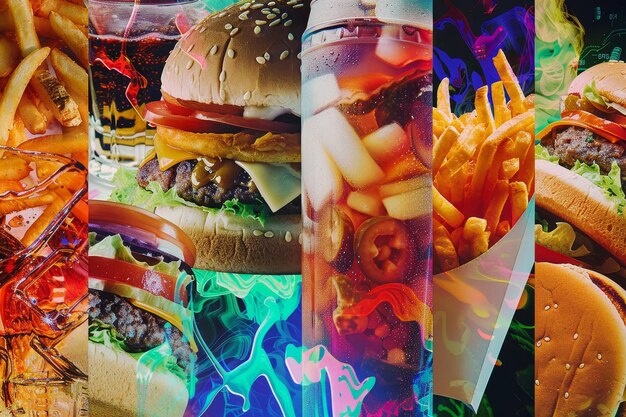 Photo collage featuring a variety of fast food items such as burgers fries pizza tacos sushi and ice cream a colorful collage of various fast food items such as burgers fries and soda