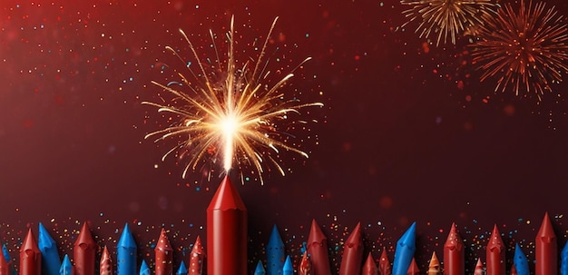 a collage of fireworks with a red background and a red star