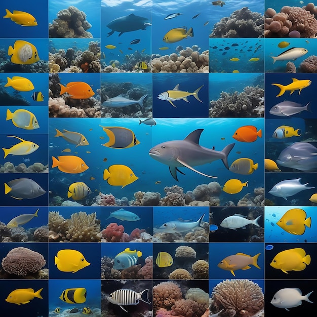 a collage of fish and corals with a blue background