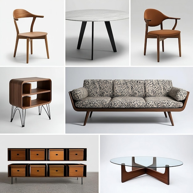 A collage of five Bulgarian furniture designers work There is a wooden chair with a curved backres