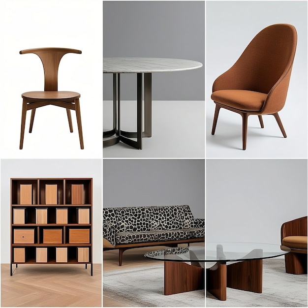 A collage of five Bulgarian furniture designers work There is a wooden chair with a curved backres