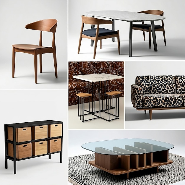 A collage of five Bulgarian furniture designers work There is a wooden chair with a curved backres