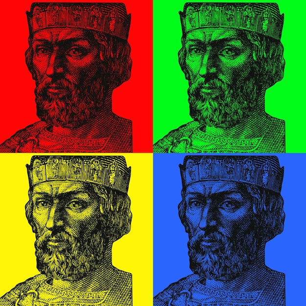 A collage of four colored squares with a portrait of a roman emperor.