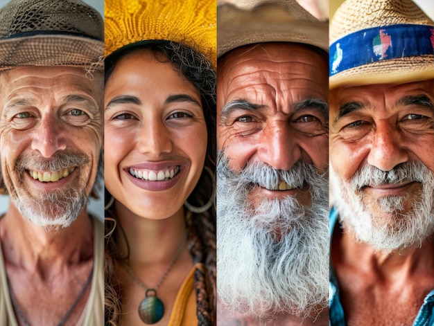 collage four portraits of people from the older younger generations wearing hats with happy smiles