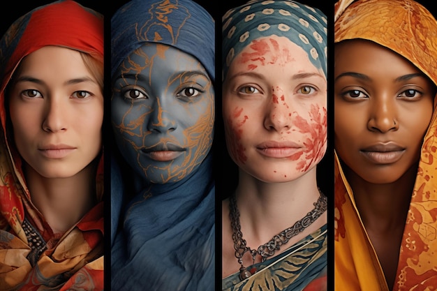 Collage of four woman of different nationalities and ethnicity in a headdress