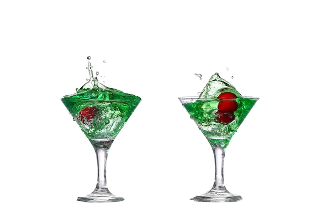 Collage green cocktail with isolated on white background