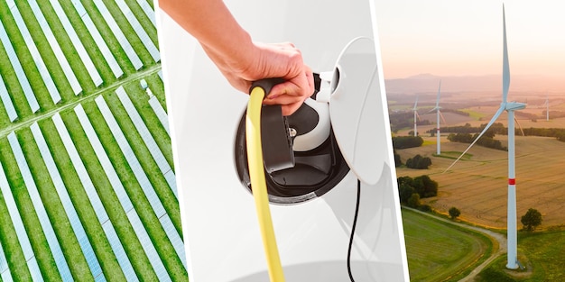 Collage of green energy with solar panels wind turbine farm and woman hand inserting the electrical