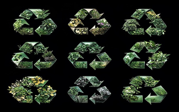 Collage of green recycling symbols with textured leaf patterns emphasizing ecofriendly and sustainab